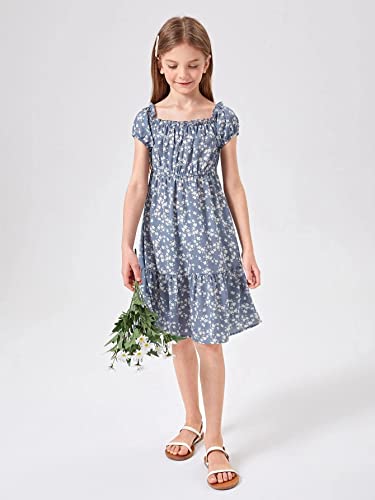 Poploli Girls Summer Dress Kids Floral Square Neck Puff Sleeve A-Line Midi Dresses Blue #TOP1