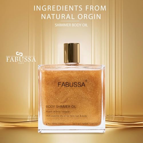 Fabussa Body Shimmer Oil | Hydrating & Illuminating Highlighter for Face, Body & Hair 3.38 Fl Oz