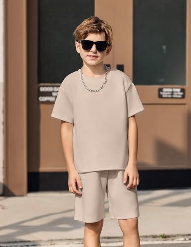 Image of Arshiner Boys Drop Shoulder T-Shirt & Drawstring Waist Shorts Summer Casual Outfits (5-12 Years)