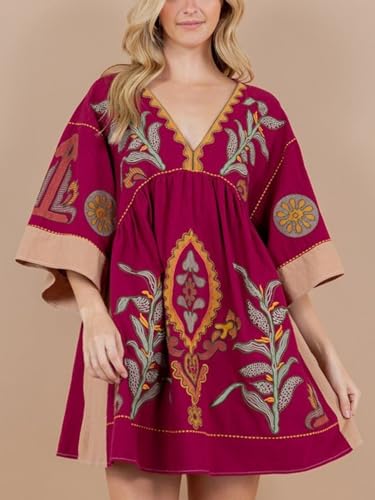 Image of Joiemont Womens Oversized Embroidered Dress with V-Neck and 3 /4 Sleeves Vintage Embroidery Babydoll Dress