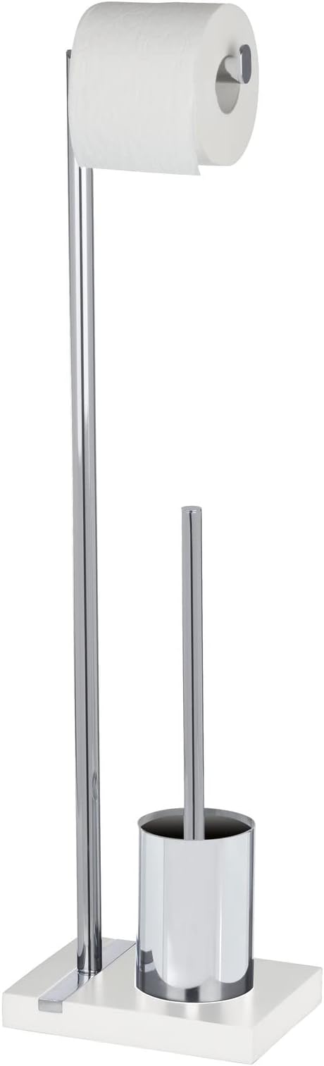 WENKO Free Standing Toilet Brush Noble White, Stainless Steel, Home and Bathroom Toilet Roll Organizer, Spare Tissue Holder, 20x74x15cm, Chrome