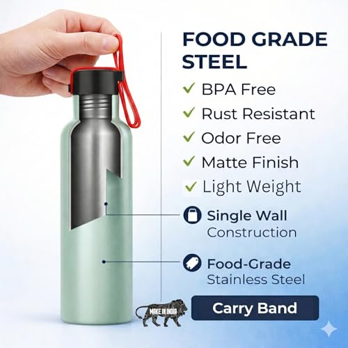 Image of GRECY Trim 800ml Stainless Steel Water Bottle Light Green | Single Wall BPA Free Leak Proof | Food Grade Steel | Rust Proof, Odour Free | Lightweight Carry Band | Made in India | Office, Gym, School