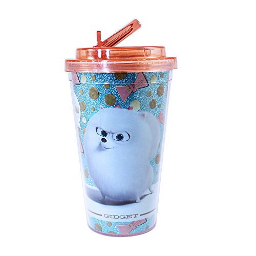 Silver Buffalo Universal The Secret Life of Pets Polka Dot and Glitter Gidget Plastic Cold Cup with Flip Straw, 16-Ounces