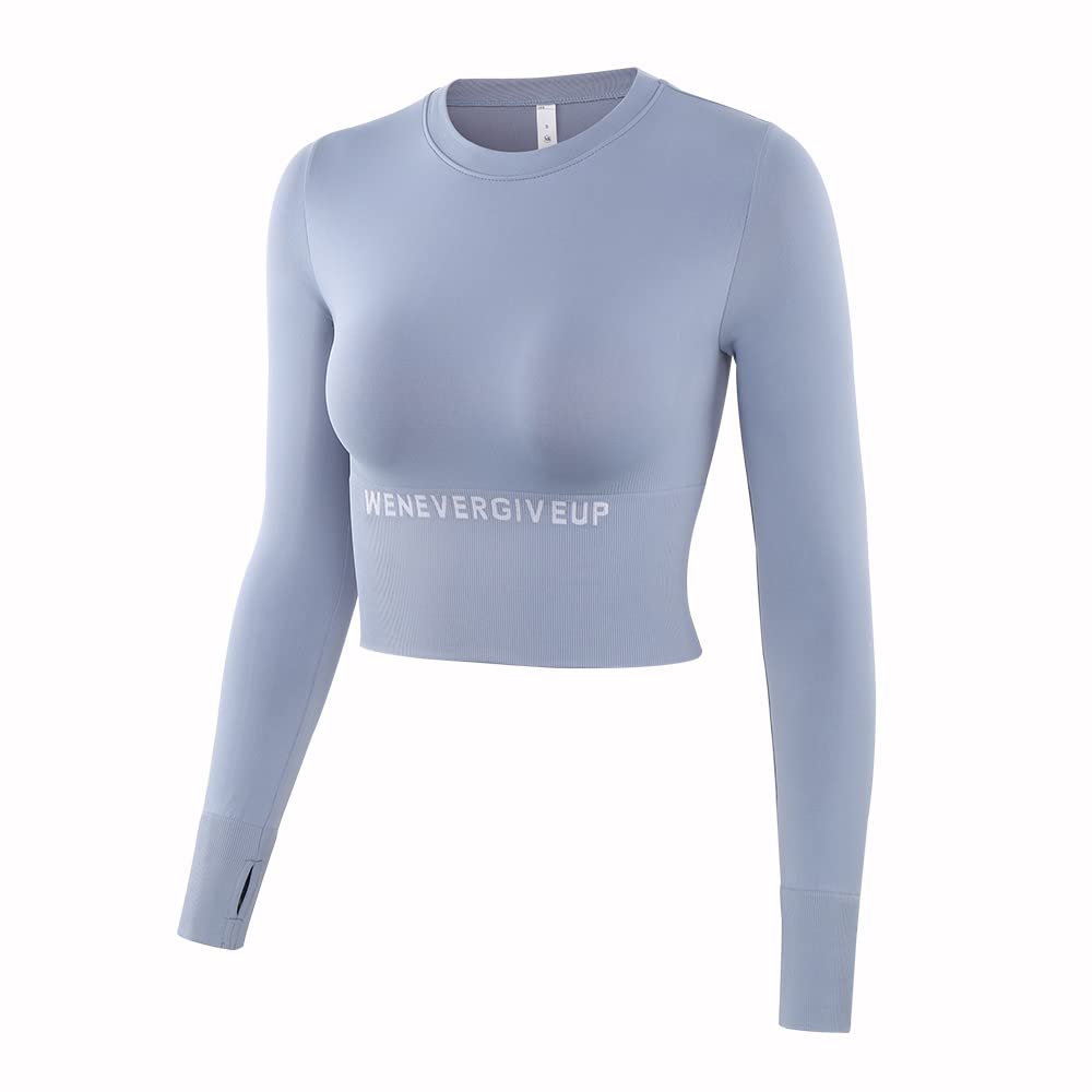 BaronHong Camisetas de entrenamiento de manga larga para mujer, gimnasio, correr, yoga, sin costuras, con agujero para el pulgar, ombliguera de manga larga para mujer, azul, M