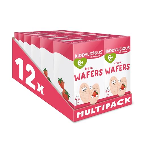 Kiddylicious Strawberry Wafers | Deliciosos Snacks para Bebés | Apto a Partir de 6 Meses | 12 Paquetes de 16g (4 Bolsas de 4g por Paquete) | 192g