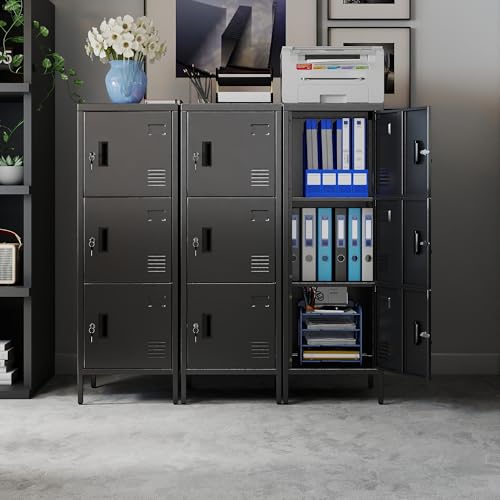 Image of Aobabo 16 inch W 3 Door Metal Storage Locker with Lock, 47 inch H Steel Locker with Name Card Holder and Metal Leg for School, Home, Office, Playroom, Assembly Required, Black