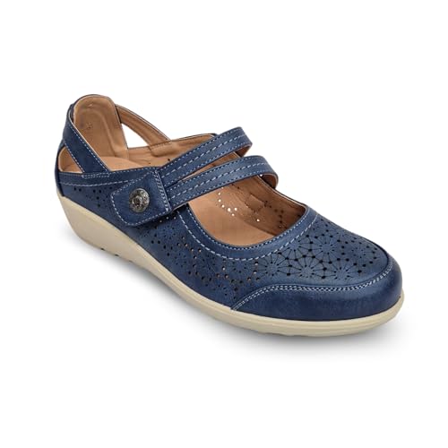 Cushion Walk Wide Fit Ladies Mary Jane Comfort Shoes Womens EEE Loafer Sandals Wedge Summer Holiday Touch Strap UK 4-8 (Navy, UK Footwear Size System, Adult, Women, Numeric, X-Wide, 6)