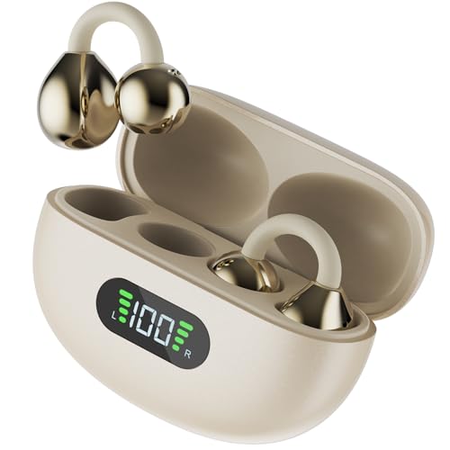 Image of Fire-Boltt Aero Clip OWS Earbud w /Clip-On Fit, Custom EQ, Wireless Bluetooth TWS,50H Playtime, 50ms Low Latency, Display on Charging Case, App Support, Touch Controls, Gaming & Music-Sandstone Beige