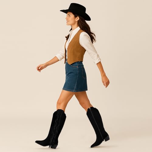 Image of KiutSymo Cowgirl Fringe Boots For Women White Tassels Cowboy Boots Knee High Pointed Toe Western Boots