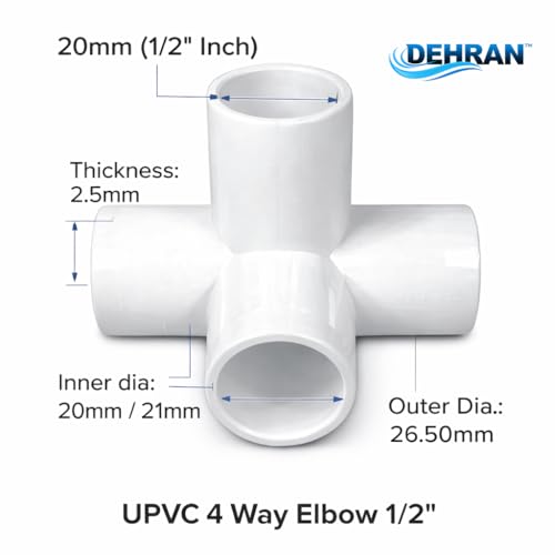 Image of DEHRAN UPVC 4-Way Elbow 1 /2 inch Inchi(20MM) For Plumbing Pipe Fitting, Greenhouse Project Bathroom Home Garden Frame White Color (3)