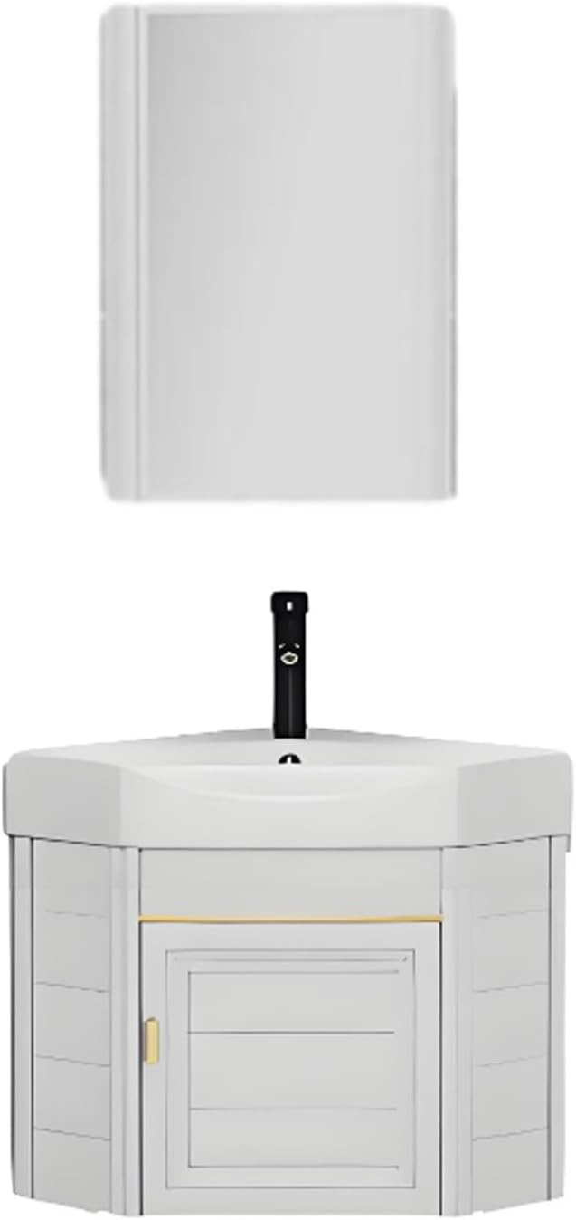Compact Corner Basin Vanity Combination - Floating Wall Mounted Basin with Cabinet, Tap and Drain - Ideal for Small Spaces, Modern Design, Space Saving Solution