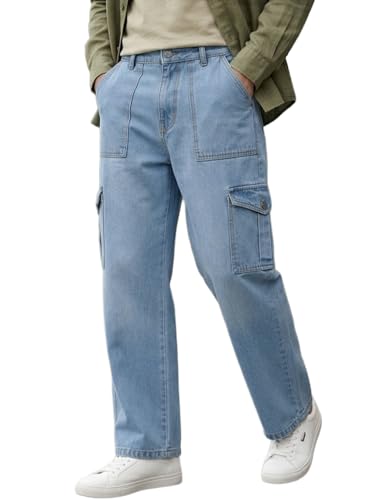 Image of Urbano Fashion Men's Loose Mid Rise Baggy Fit Cargo Jeans with 6 Pockets Non-Stretchable
