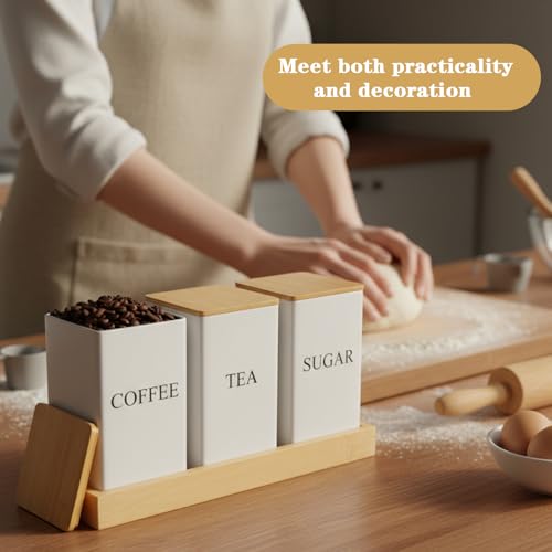 Oqqlin Coffee Tea Sugar Container with Tray, Set of 3 Square Airtight Metal Storage Canister with Bamboo Lids White Metal Teas and Coffee Canisters Set for Kitchen, Dining, Cupboard, Snack
