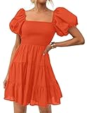 ZESICA Women's Boho 2025 Summer Square Neck Puff Sleeve Off Shoulder Smocked Tiered Casual A Line Short Mini Dress,Orange,Medium