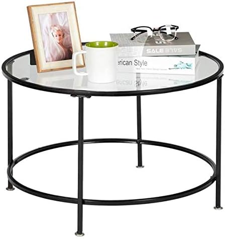 2 Layers 5mm Thick Tempered Glass Round Table, Countertops Round Wrought Iron Coffee Table, Home Office Furniture Creative Design Table for Living Room, Black