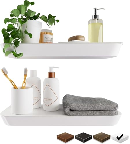 Wood White Floating Shelves for Wall 16 Inch (Set of 2) - White Bathroom Shelves - Small Wall Mounted Shelf for Bedroom Kitchen Living Room - 8 inch Deep Heavy Duty Floating Wood Shelves