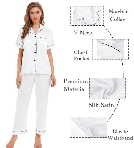 Image of SWOMOG Women Satin Pajamas Set Short Sleeve Top & Pants Sleepwear Silky Button Down Nightwear 2pcs Loungewear Pjs Set