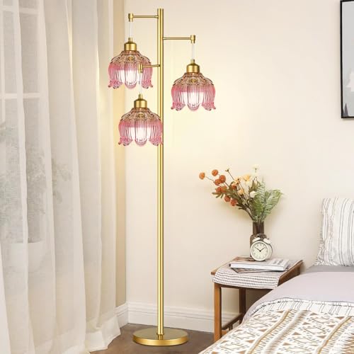 Image of QIYIZM Pink Floor Lamp for Living Room,Bedroom,Gold Mid Century Modern Standing Lamp Brass Tree 3 Light Tall Floor Lamps Vintage Retro Floor Lights Glass Flower Lamp Shade Girls Kids Boho Bohemian