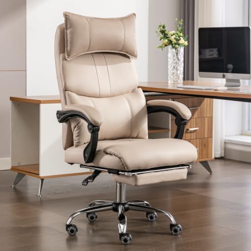 Sedia da ufficio professionale con portata di 150 kg e meccanismo sincrono, sedia direzionale in ecopelle traspirante, regolabile in altezza con braccioli e poggiatesta 4D, colore beige/grafite per