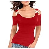 Cold Shoulder Sleeve Blouses for Womens Plus Size Summer U-Neck Solid Color Blouses Hawaii Loose Going Out Flounce Soft Blouse Ladie's, 01-red, X-Large