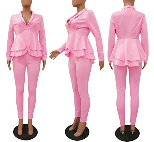 Women Sexy Two Piece Blazer Outfits Long Sleeve Slim Fit Jacket With Long Pants Suit Set Pink #TOP4