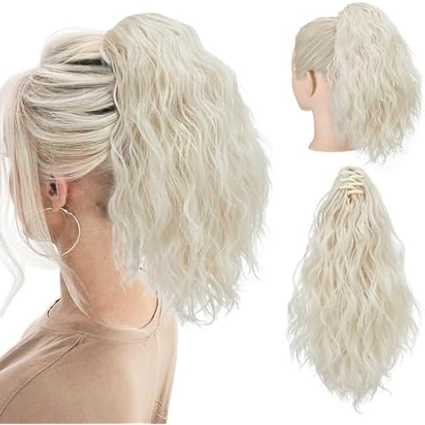 SARLA Claw Clip in Ponytail Extension 13 Inch Fluffy Short Synthetic Curly Wavy Pony Tail Hairpiece for Women Platinum Blonde Cover