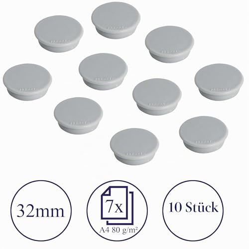 FRANKEN Magnete Rund, 10 Stück, Hochwertige Haftmagnete für Büro, Haushalt, Werkstatt, ideal für Whiteboards, Kühlschrank, Plantafeln oder Schaukästen, 32 mm, Grau, HM30 12