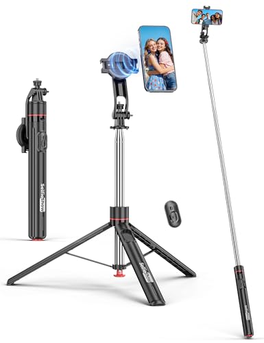 177 cm Trépied Magnétique, Perche Selfie Trépied de Téléphone avec Magnétique Télécommande & 1/4 Permet, Trepied Smartphone Rotatif a 360° Compatible avec iphone 16/15/14/13/Android pour Vlog/Vidéo
