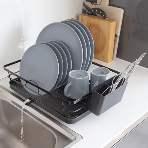 Harbour Housewares Metal Dish Drainer Rack with Drip Tray for Kitchen Counter Sink Kitchen Drying Rack Space Saving Draining Board with Cutlery Holder
