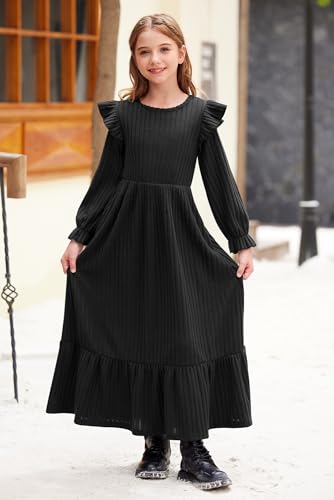 BesserBay Girl's Fall Long Sleeves Ruffle Crew Neck Casual Tiered Maxi Dresses with Pockets 6-14 Years3