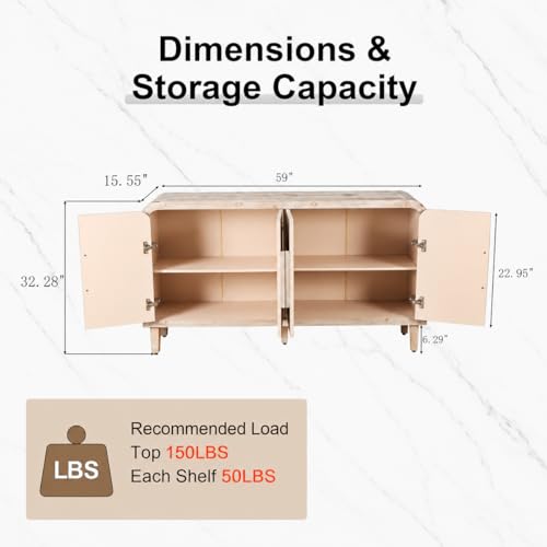 Image of Light Wood Sideboard Cabinet - Buffet Sideboard Storage Cabinet for Dining Room & Living Room - Farmhouse Storage Cabinet, Vintage Wood Finish, Entryway Accent Cabinet