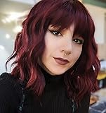 Menoqi Short Wine Red Wigs for Women, 11" Burgundy Curly Wavy Bob Wig with Bangs, Natural Looking Cute Synthetic Hair Replacement Wigs for Daily Party WIG238B
