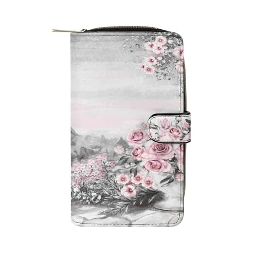 Nugier Women Soft PU Leather Wallet, Zipper Card Case Clutch Credit Bills Money Crash Coin 7.8x4.3x1.4 in Holder Purse Print Eiffel Tower Pink Roses