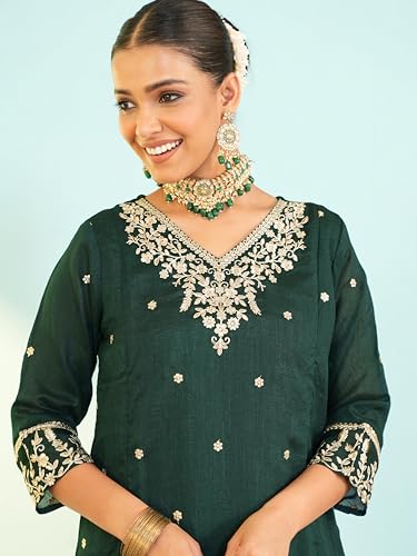 Image of Naixa Women's Vichitra Silk Embroidered A-Line Kurta with Pant and Dupatta Sets (NX-845)