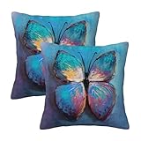 bassyil Blue Butterfly Throw Pillow Covers Decorative Linen Pillow Cases Set of 2 Square Cushion Cover for Couch Sofa Bedroom Patio 18x18 Inch