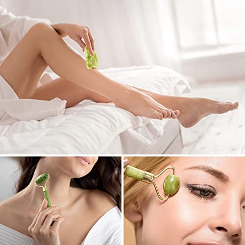 3 Pcs Jade Roller And Gua Sha Set - Real Jade Roller For Face & Jade Gua Sha Set - 100% Natural Jade Stone Roller Anti-aging Massager Skin Care Massage Tool For Facial, Eye, Neck, Body Beauty - Thumbnail 5