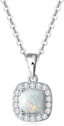 Carleen 14K White Gold Plated 925 Sterling Silver Created White Fire Opal and Cubic Zirconia Halo Pendant Necklace for Women Girls, 18" Silver Chain