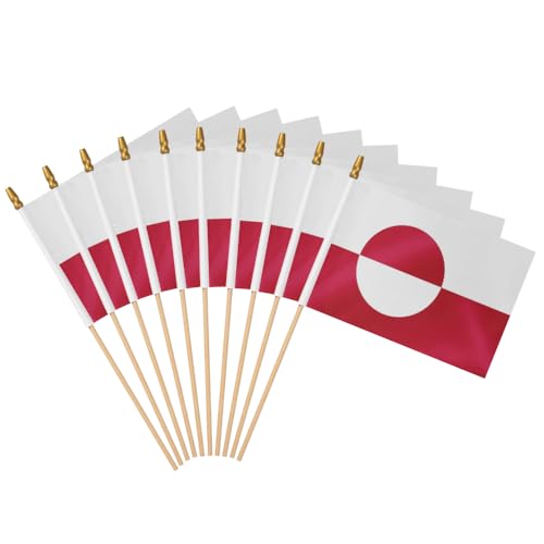 12 Pack Greenland Handheld Stick Flag 5x8 Inch on Wood Stick Greenlander Small Mini Handheld Flags Party Decor Parades Festival Event Celebration.
