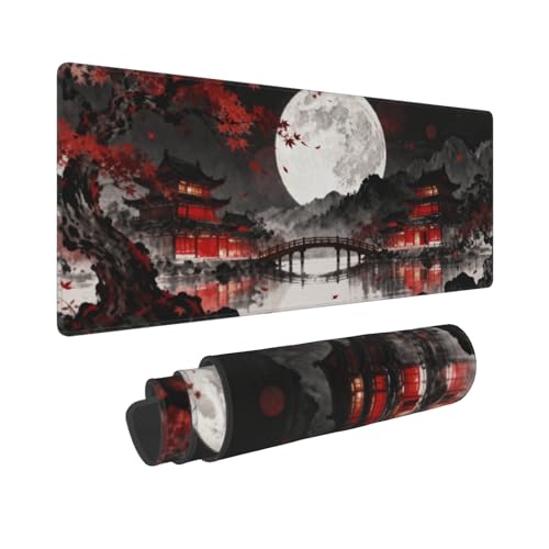 Image of Watercolor Japanese Mouse Pad 31.5x11.8 XL Black Red Lake Pavilion Tree Anime Design Extended Large Mousepad Keyboard Mouse Mat Desk Pad with Non-Slip Rubber Base Stitched Edges for Home Office Game