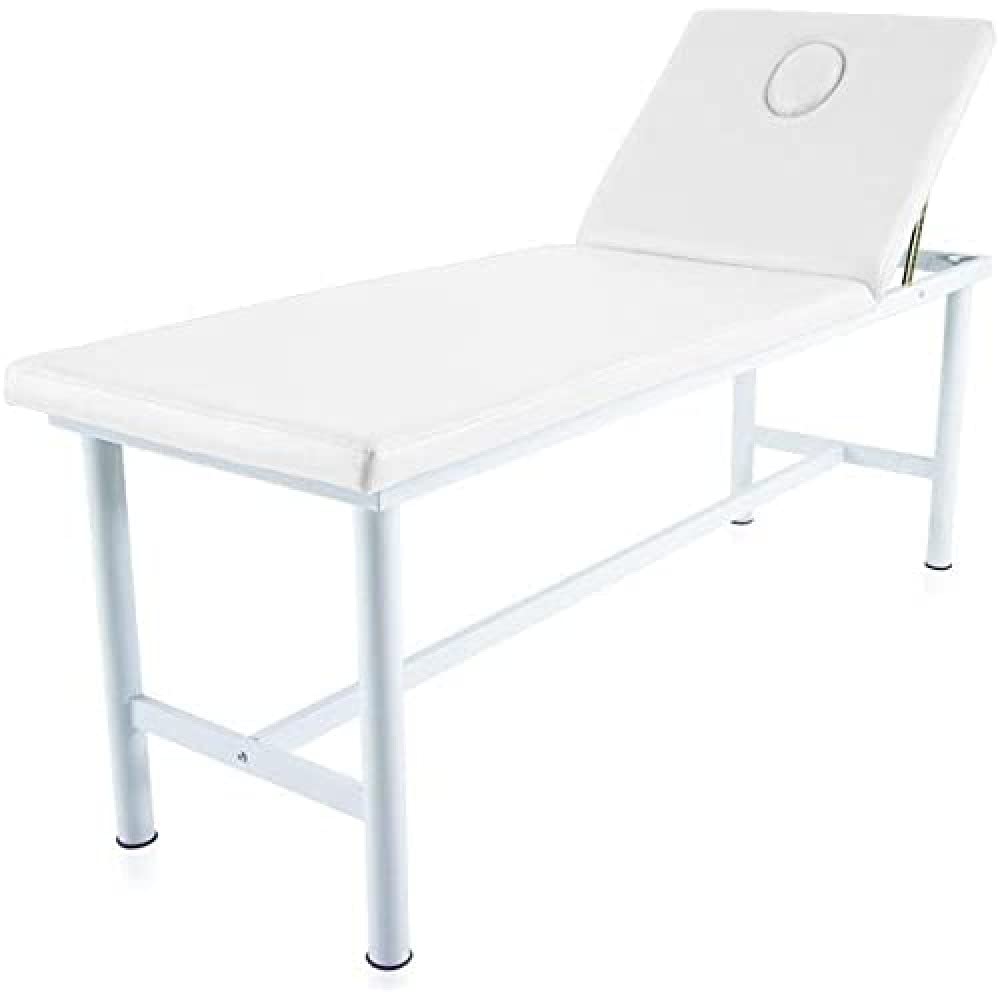 QUIRUMED Camilla de Masaje Fija de Acero, Polipiel, Color Blanco, con tapón Facial, Agujero Facial, Respaldo Ajustable, Ligera, 186 x 62 x 69 cm, hasta 120 kg