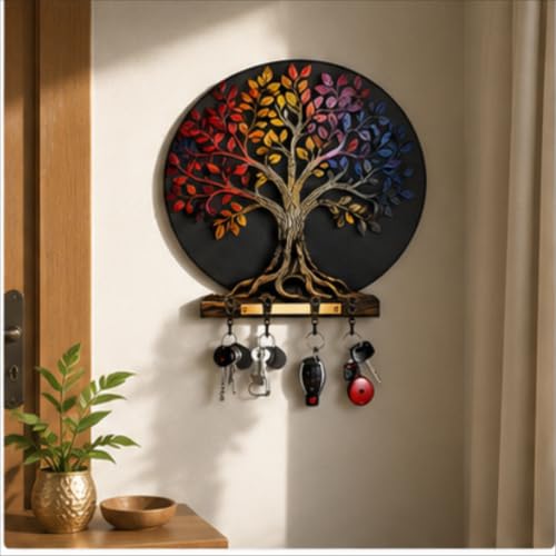Image of Tree of Life Wooden Key Holder for Wall | Multicolor Decorative Key Rack with 6 Hooks | Stylish MDF Key Organizer for Home Entrance, Living Room, Office & Housewarming Gift