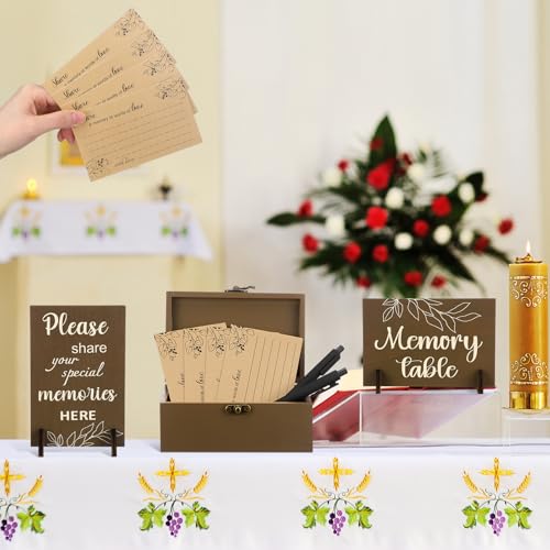 Image of Gilprop 112 Pcs Celebration of Life Memory Cards Set Share a Memory Cards with Box 2 Wood Sign with 4 Hold and 5 Pens, Sympathy Memorial Gifts Funeral Keepsake Decorations(Leaves)