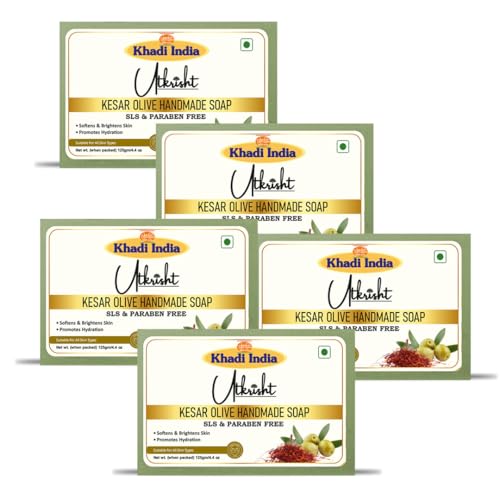 Image of Khadi Kesar Olive Handmade Bathing Soap Bar 125g (Pack of 5) | Natural & Herbal | Hydrating, Glowing & Brightening Skin | For Even Skin Tone | All Skin Types | For Men & Women
