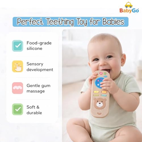 Image of BabyGo Remote Teether for Babies| Helps Biting Skills Development, Colour & Shape Recognition| Baby Remote Teething Toy for 3+ Months (6-12 Months) Safe Teething Toy for Babies & Toddlers (Brown)
