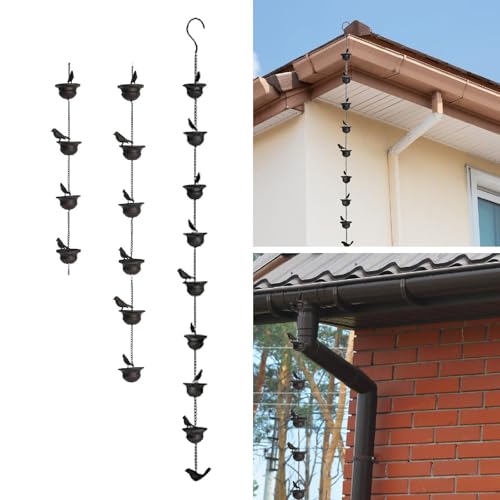 Image of Decorative Bird Rain Chain 60cm | Iron Rain Gutter Downspout Chain for Roof, Shed, Patio, Gazebo & Garden | Rainwater Catcher | Dark Bronze