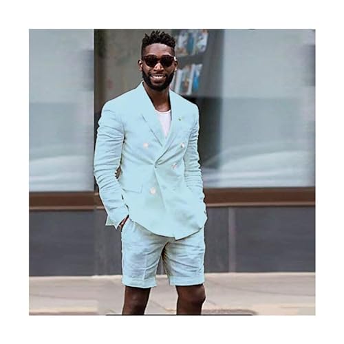 Linen 2 Piece Double Breasted Suit Men Summer Shorts Casual Blazer Tuxedo Groom Beach Wedding Dress (Blazer+ Shorts)4