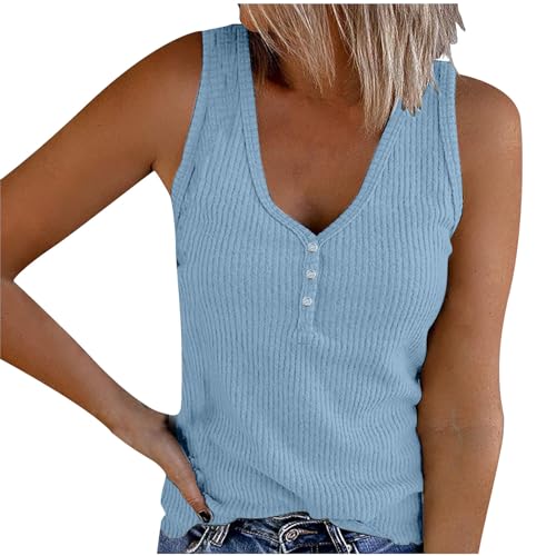 Womens Rib Knit Tank Tops V Neck Henley Tops Sleeveless Scoop Neck Shirts Casual Athletic Tshirts Tees A-Light Blue