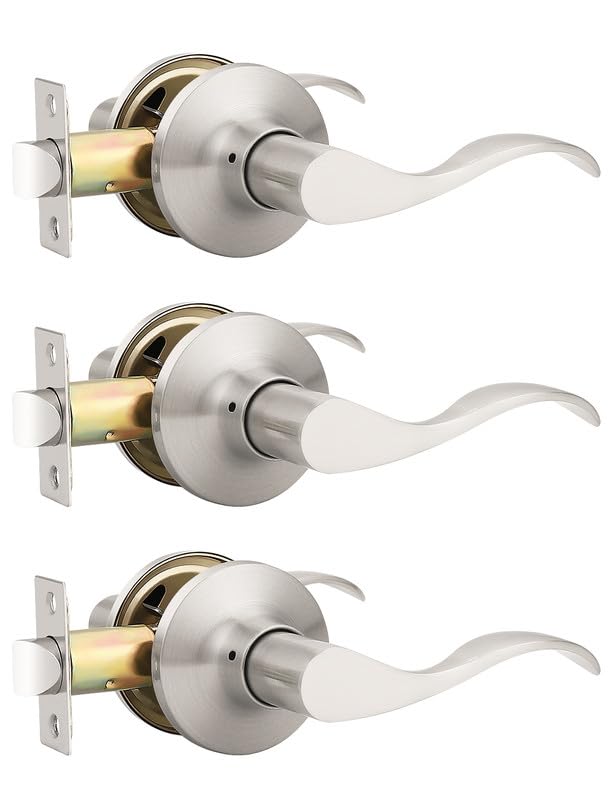 Image of Mengico 3 Pack Satin Nickel Modern Interior Passage Door Knobs, Keyless Door Handle for Hallway & Closet, Wave Style Non-Locking Door Lever Reversible for Left & Right Handed
