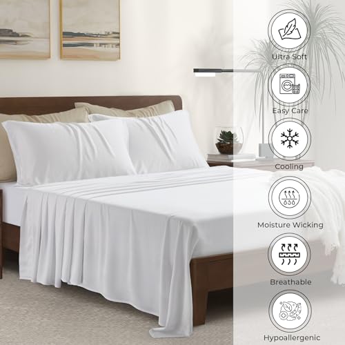 Image of Split King Size Sheet Set | 2 Fitted Sheets for Sleep Number & Adjustable Beds | Organically Grown | Ultra Soft & Cooling |100% Viscose | 17 inch Deep Pocket [Classic White]