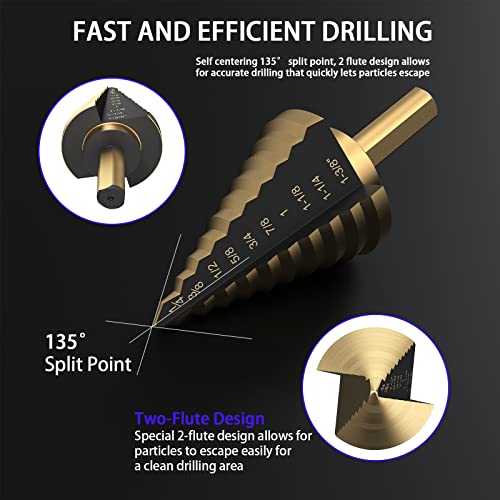 Hss Titanium Step Drill Bit 5Pcs,Hss Cobalt Multiple Hole 50 Sizes,Titanium Step Drill Bit Set With Automatic Center Punch,High-Speed Metal Steel Drill Double Cutting Blades Perfect For Diy Hobbyists #TOP2